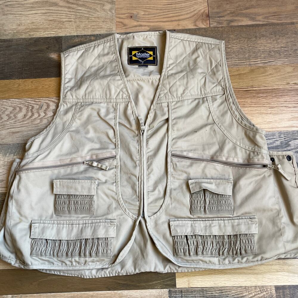 Master Sportsman Fishing Utility Vest Men's L Beige Multi Pocket Zip Outdoor